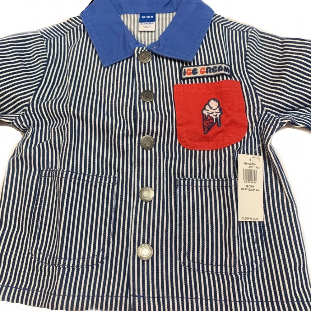 Railroad Stripe Twill Snap Jacket Baby Loose Collared Ice Cream Pocket NWT - Picture 1 of 14